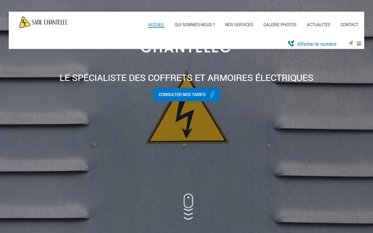 Page d'accueil de Chantelec : titre « le spécialiste des coffrets et armoires électriques » et bouton consulter nos tarifs
