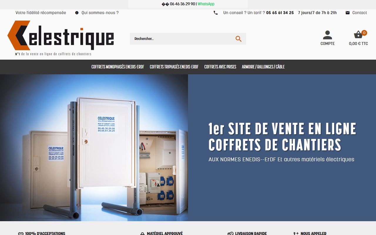 Page d'accueil de Coffretsdechantiers.com (Celestrique) : bannière « 1er site de vente en ligne coffrets de chantiers aux normes Enedis », coffret monophasé sur pied