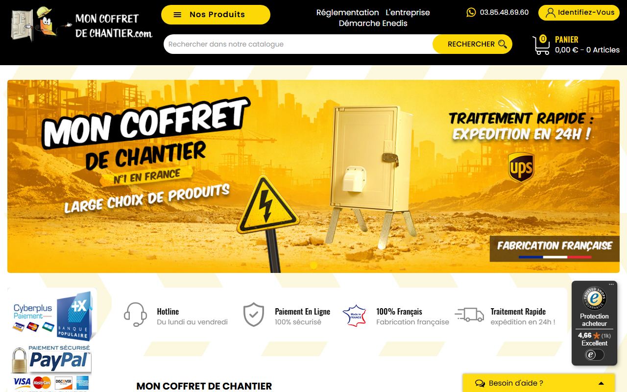 Page d'accueil de Mon Coffret de Chantier : bannière « Mon Coffret de Chantier, n°1 en France », mentions fabrication française, expédition en 24h et note Trusted Shops 4,66/5