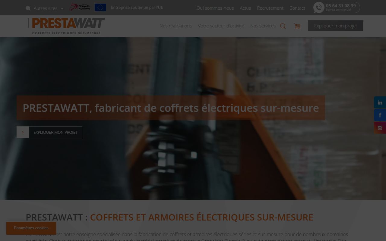 Page d'accueil de Prestawatt : titre « Prestawatt, fabricant de coffrets électriques sur-mesure » et menu réalisations, secteurs d'activité et services