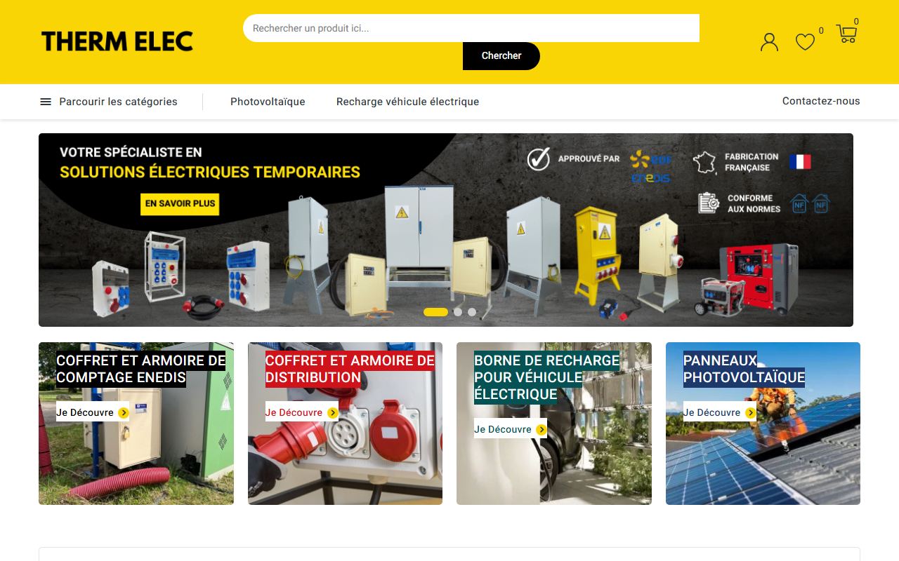 Page d'accueil de Therm Elec (Coffretdechantier.pro) : bannière « votre spécialiste en solutions électriques temporaires », coffrets de comptage Enedis, mentions approuvé Enedis et fabrication française