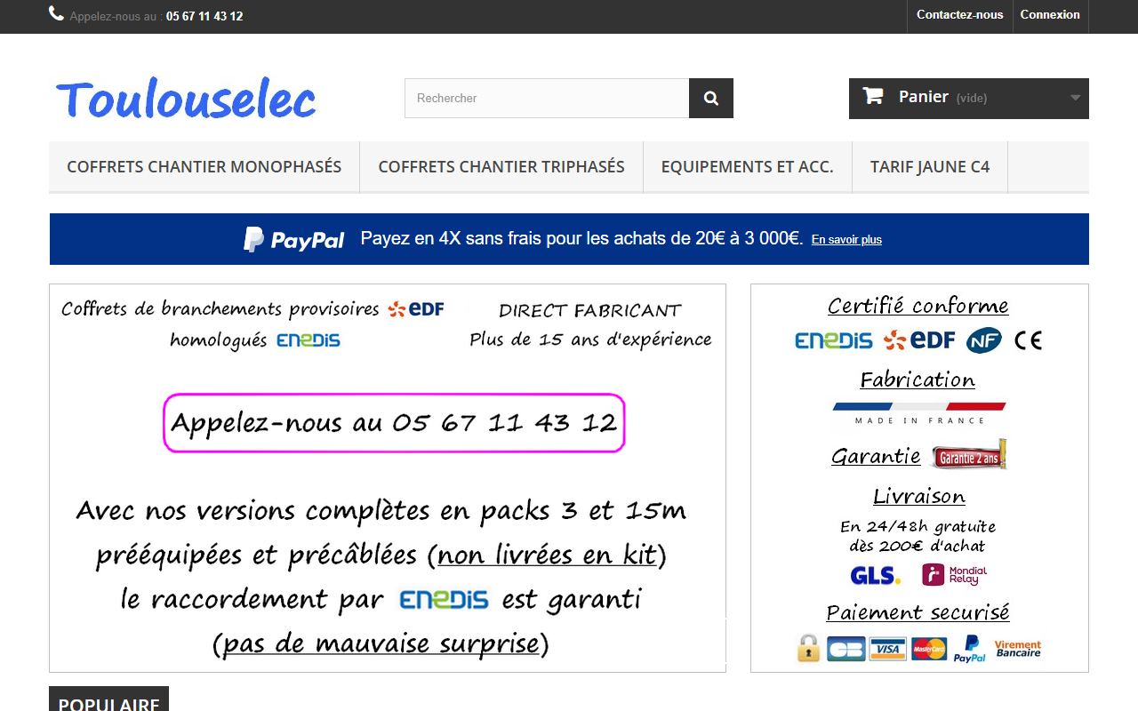 Page d'accueil de Toulouselec : coffrets de branchement provisoire EDF homologués Enedis, direct fabricant, certifié conforme Enedis, EDF, NF et CE, fabrication made in France, garantie 2 ans et livraison 24/48 h